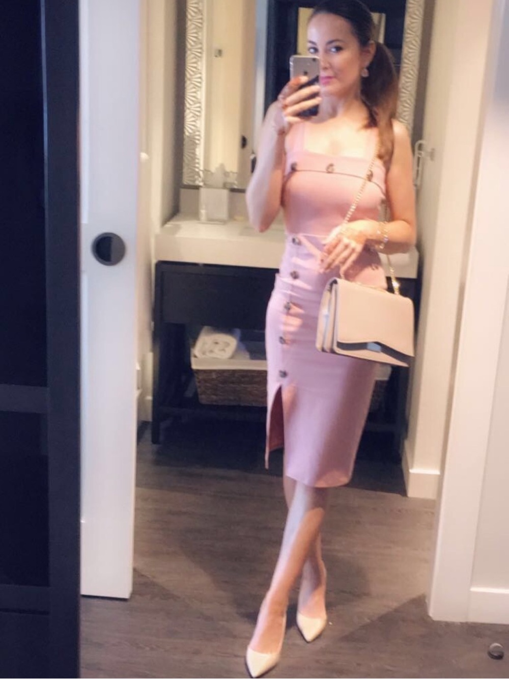 Blush Pink Button-Accent Midi Dress